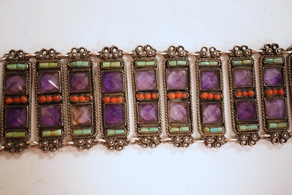 Matl Salas, a rare amethyst, coral and turquoise bracelet, Mexico, mid 20th century, composed of rectangular links set with pyramidal amethysts, coral cabochons and cylindrical turquoise beads, connected at each end by w